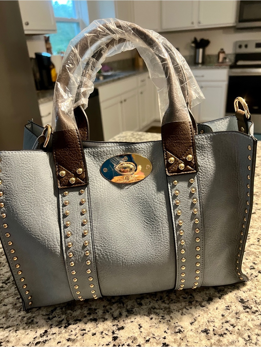 Light Blue Studded 3 in 1 Tote Bag with Brown Handles with Hobo & walet/wristlet